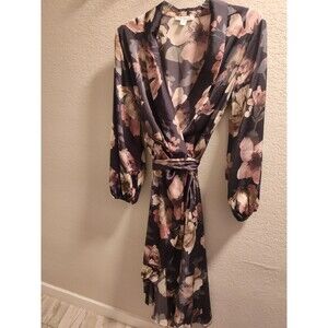 ONETHELAND Floral Chiffon Wrap Front Hi-Low Maternity Dress Large Grey Pink